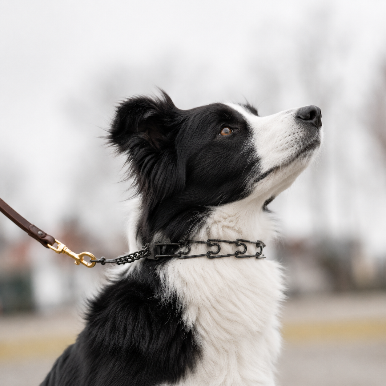 Blackened stainless steel prong collar for Border Collies