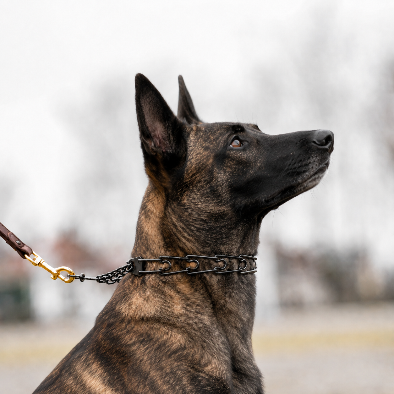 Blackened stainless steel prong collar for Dutch Shepherds