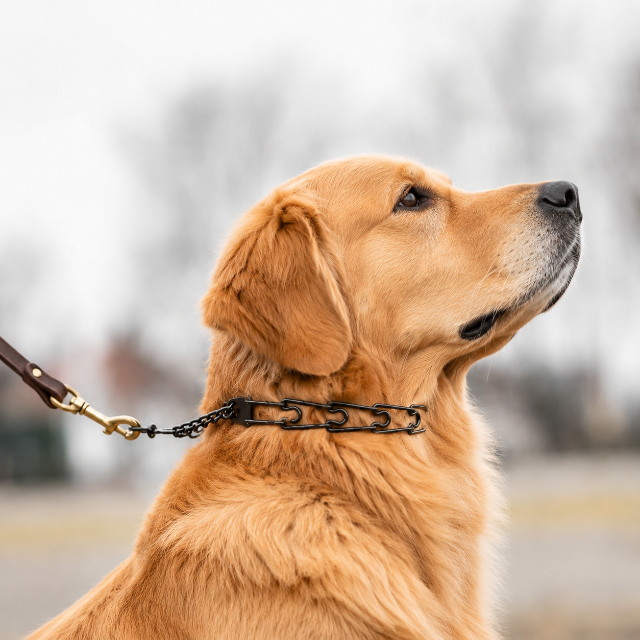 Blackened stainless steel prong collar for Golden Retrievers