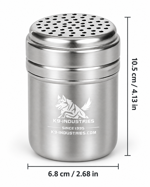 K9-Industries stainless steel dog scent container (sniffer), large 6.8 x 10.5 cm, with perforated screw-top lid