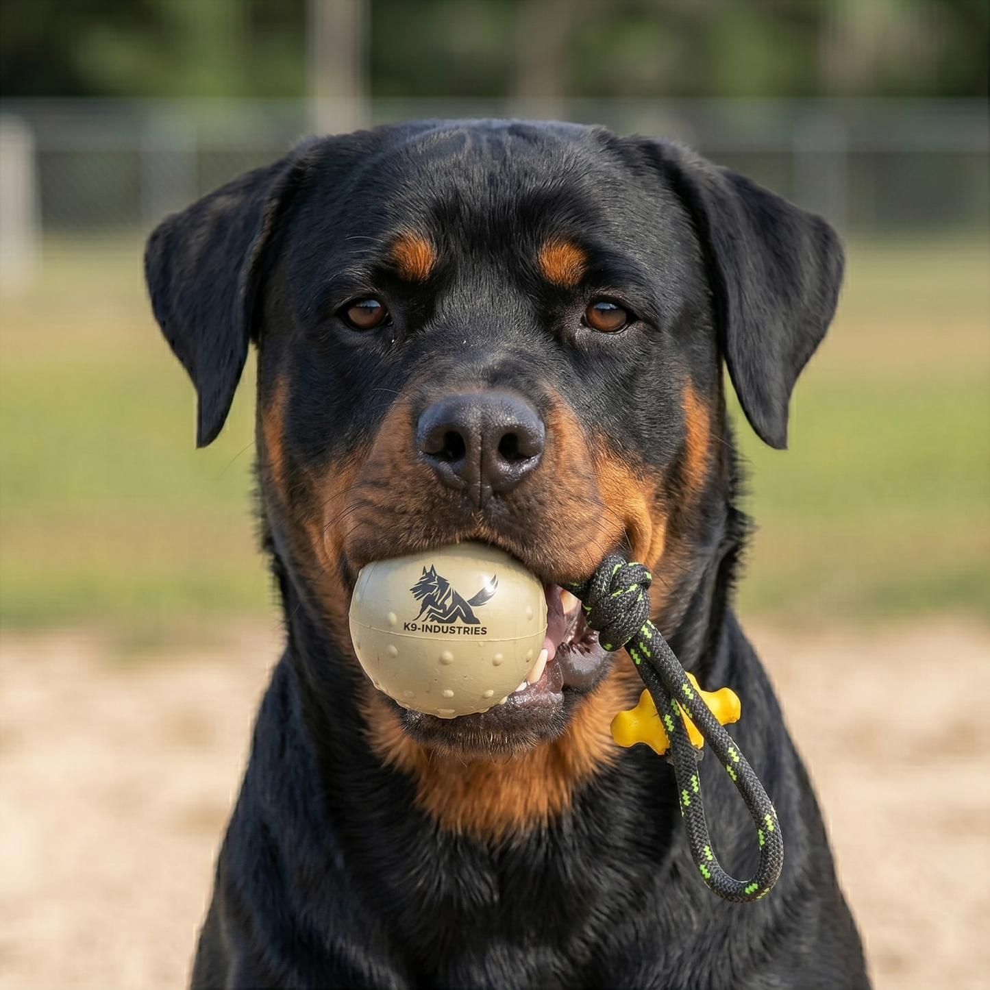 Ultimate rubber training ball on a rope for Rottweiler