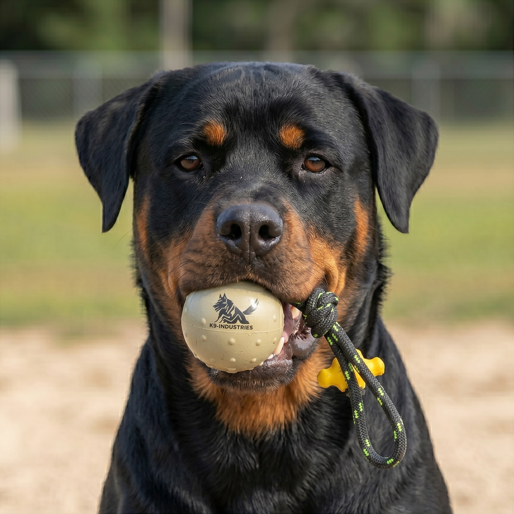 Ultimate rubber training ball on a rope for Rottweiler