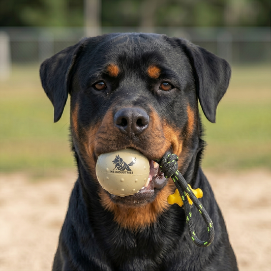 Ultimate rubber training ball on a rope for Rottweiler