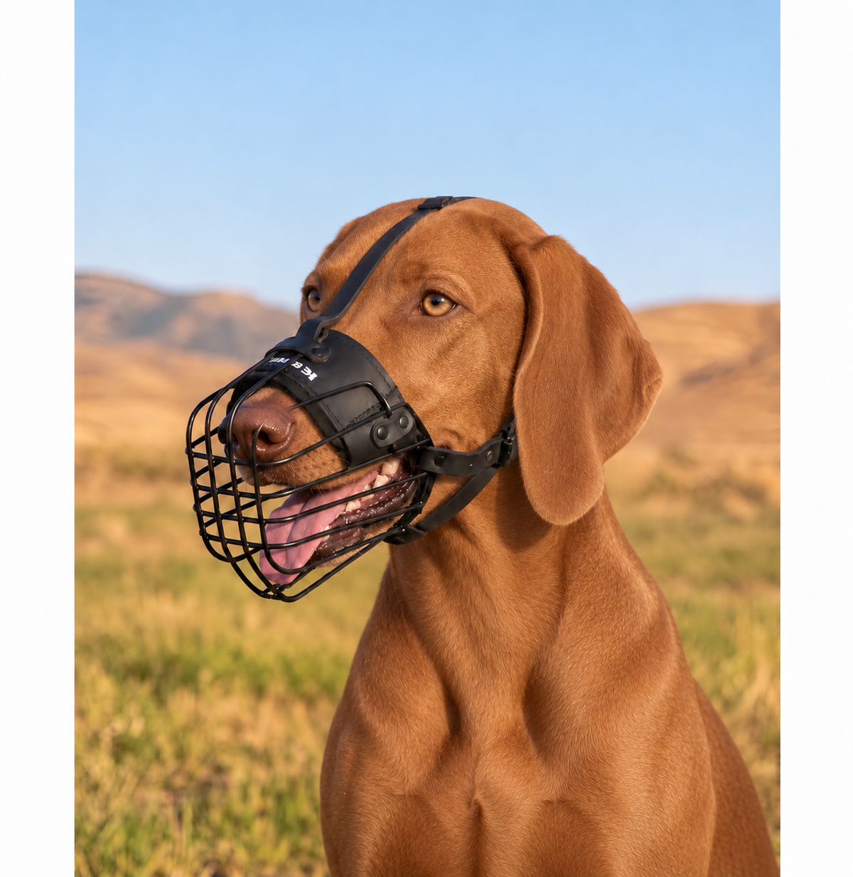 Vizsla wearing an advanced 3D metal wire muzzle