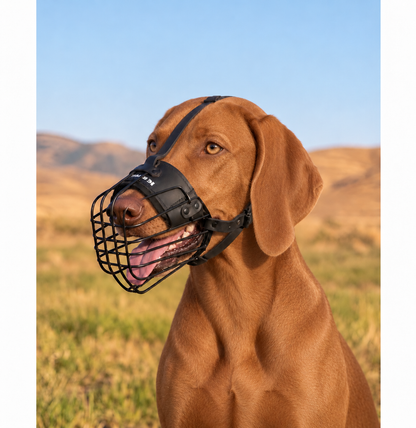 Vizsla wearing an advanced 3D metal wire muzzle