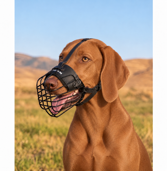 Vizsla wearing an advanced 3D metal wire muzzle