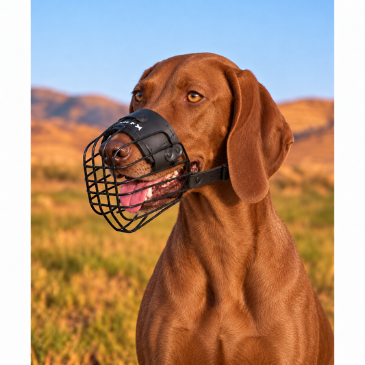 Vizsla wearing a lightweight Lite wire muzzle