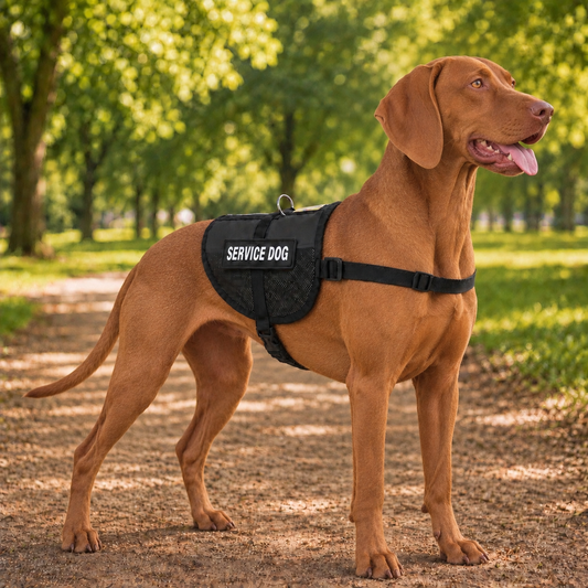 Vizsla wearing a black service dog vest