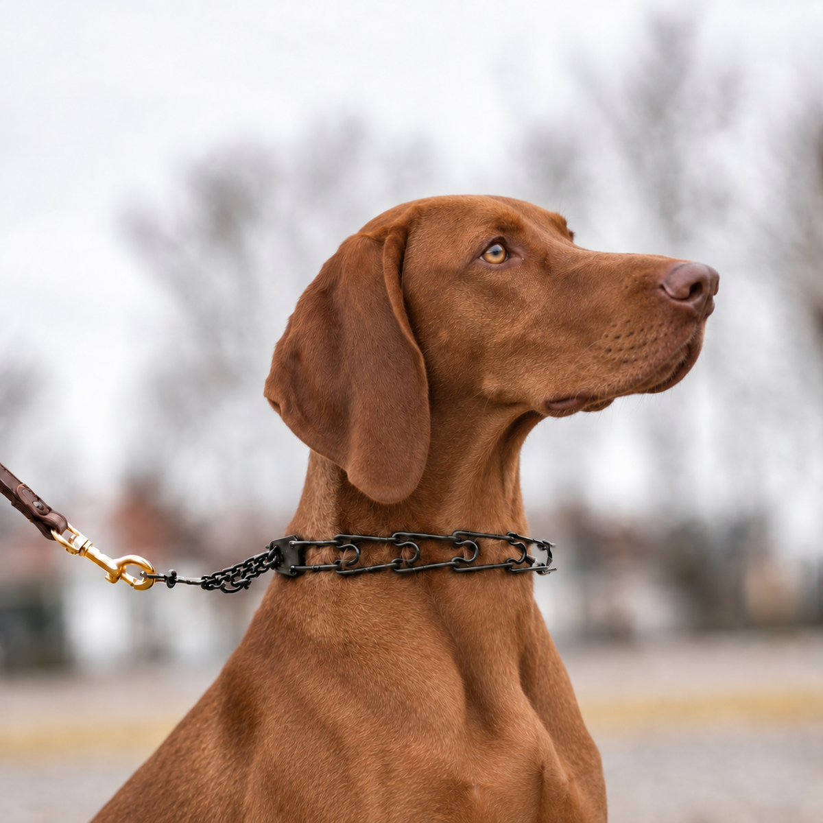 Vizsla wearing a blackened stainless steel Herm Sprenger prong collar