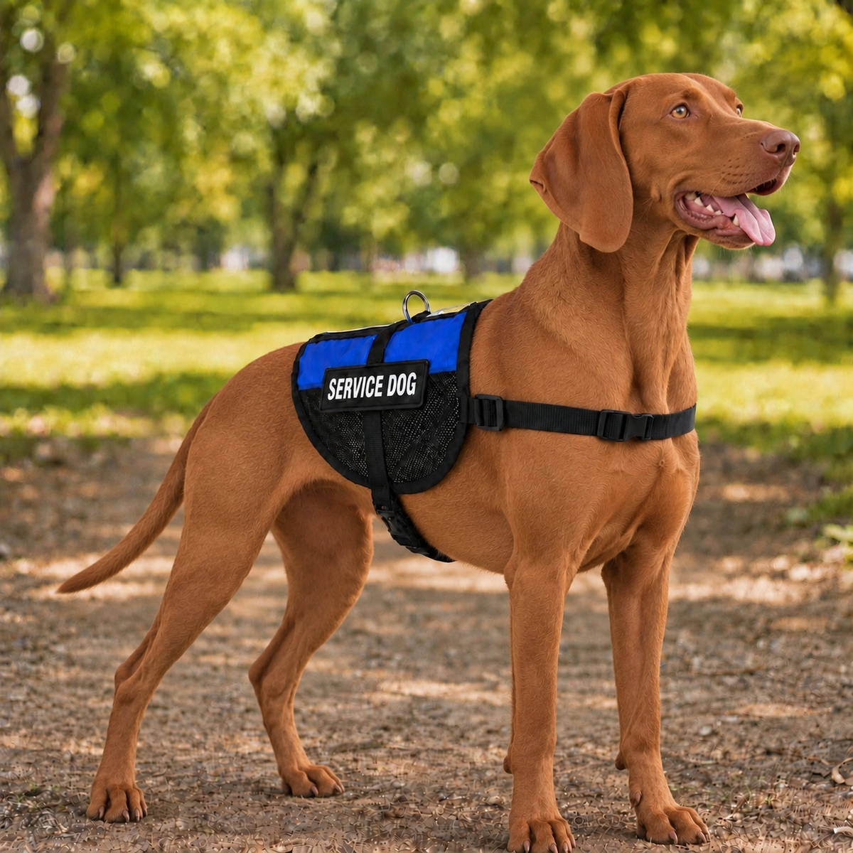 Vizsla wearing a blue service dog vest