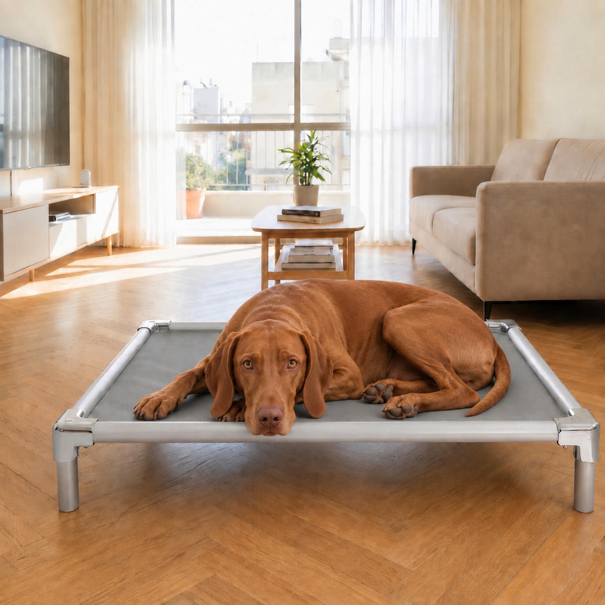 Vizsla resting on an orthopedic elevated aluminum dog bed at home