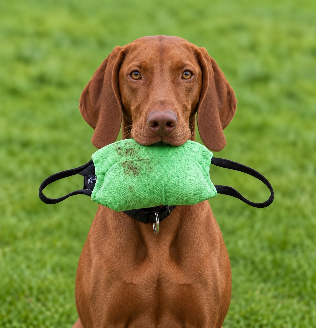 Vizsla with a professional bite pillow