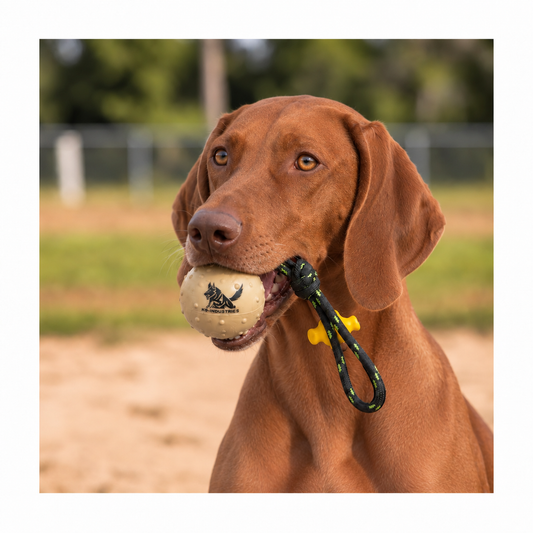 Vizsla with a solid rubber ball on a rope