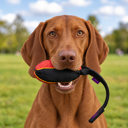 Vizsla with a French linen watermelon bite tug