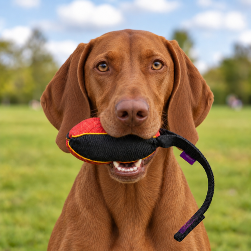 Vizsla with a French linen watermelon bite tug