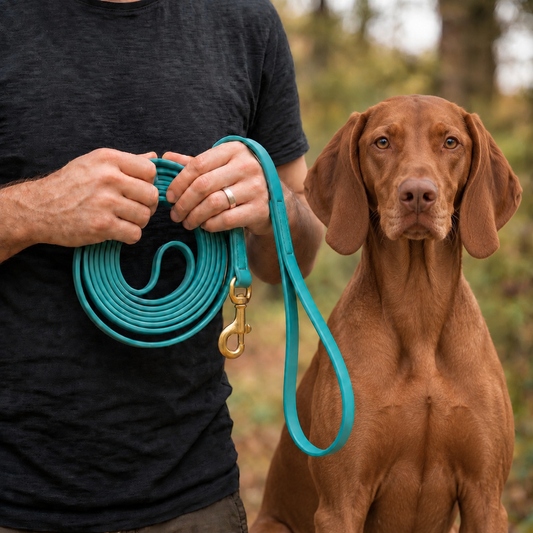 Vizsla on a turquoise 180 cm PowerFlex leash