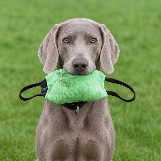 Weimaraner with a professional bite pillow