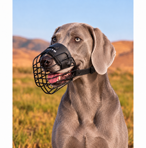 Weimaraner wearing a lightweight Lite wire muzzle