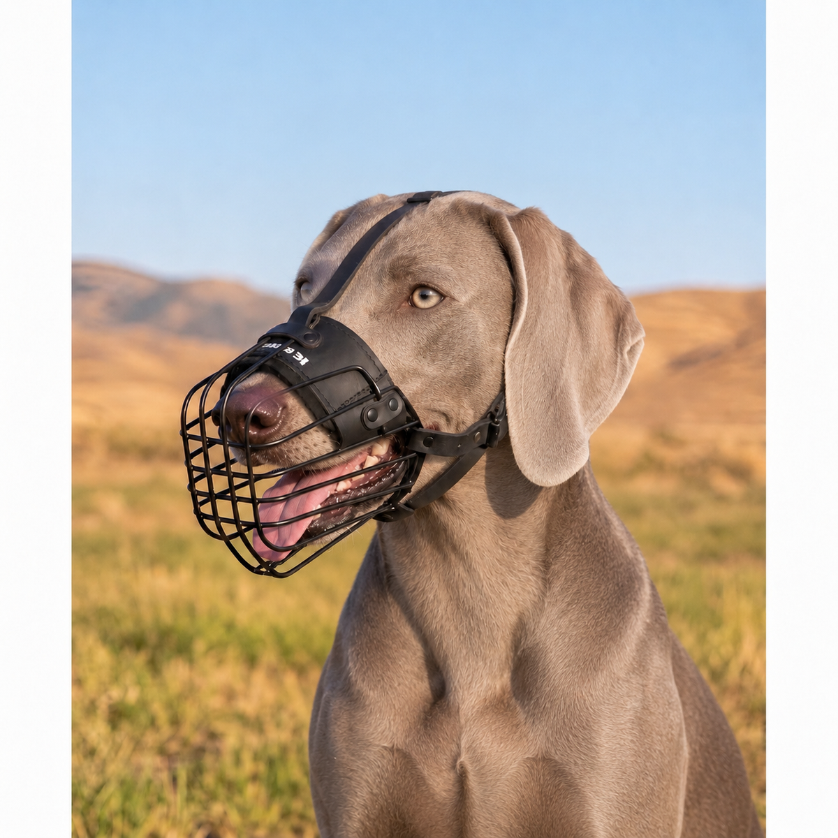 Weimaraner wearing an advanced 3D metal wire muzzle