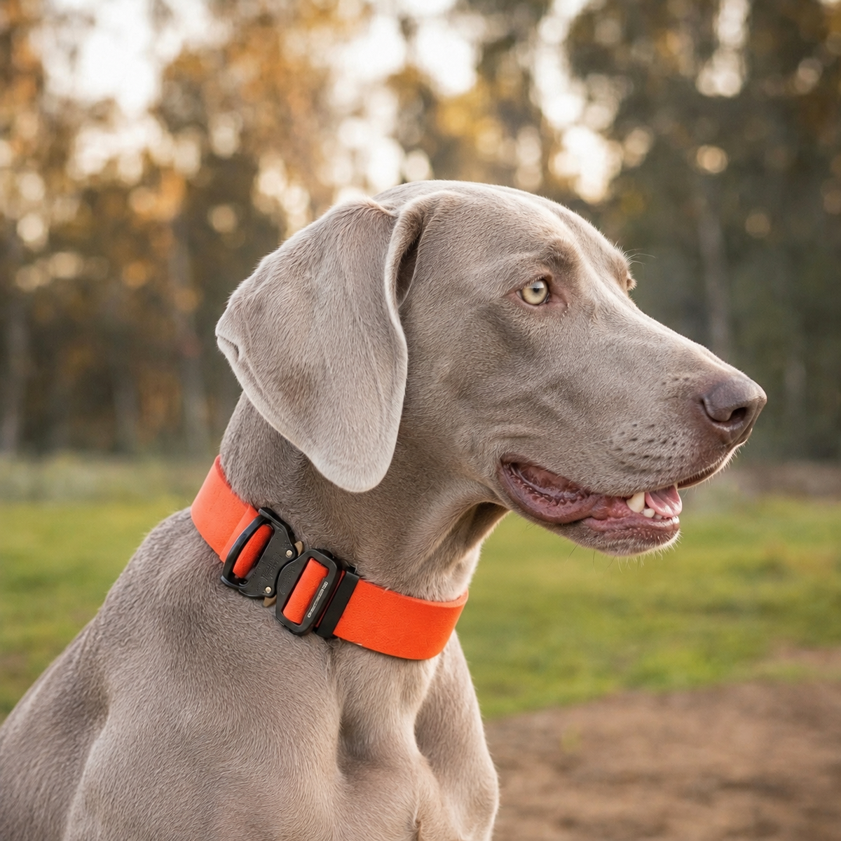 Weimaraner wearing an orange wide PowerFlex collar with quick-release buckle