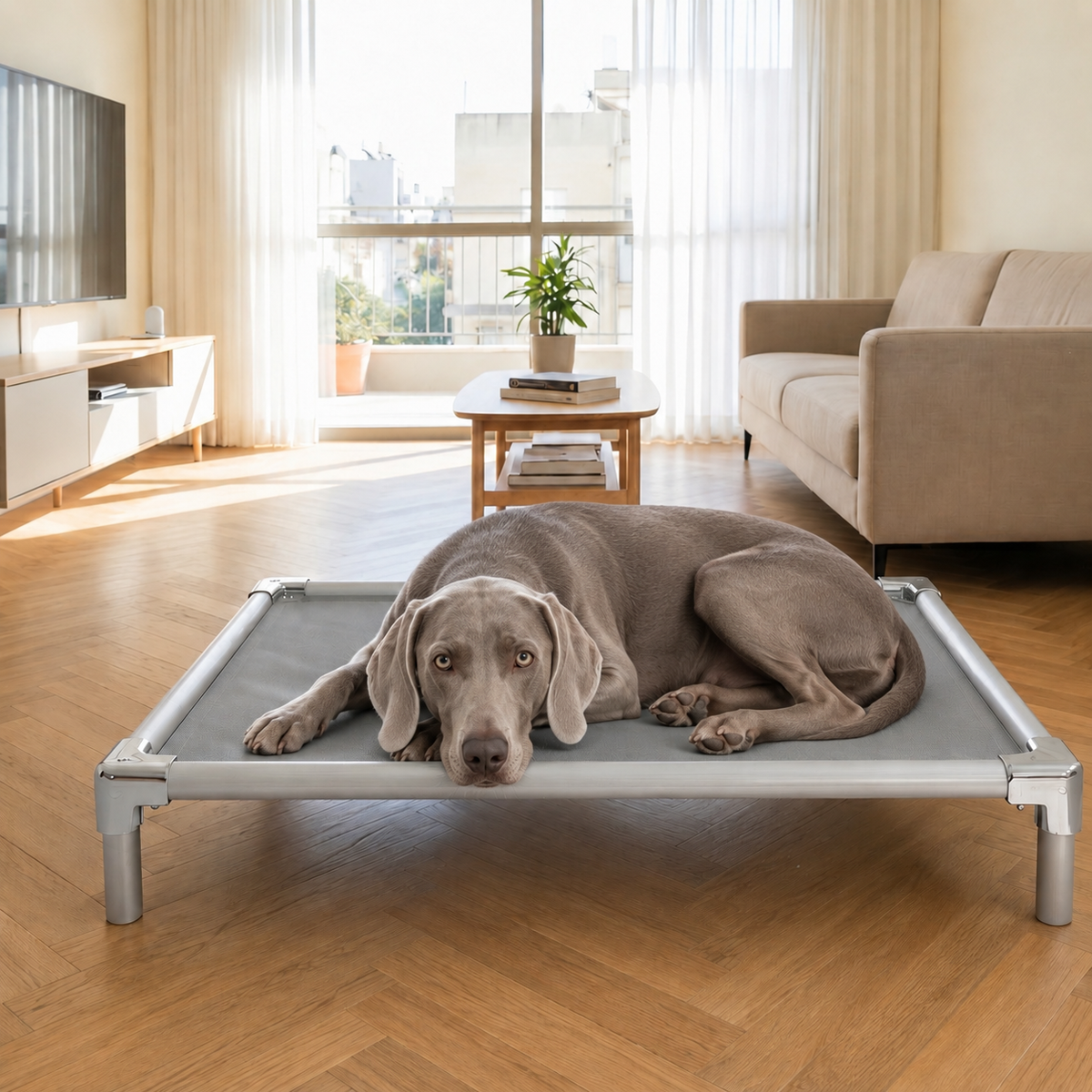Weimaraner resting on an orthopedic elevated aluminum dog bed at home