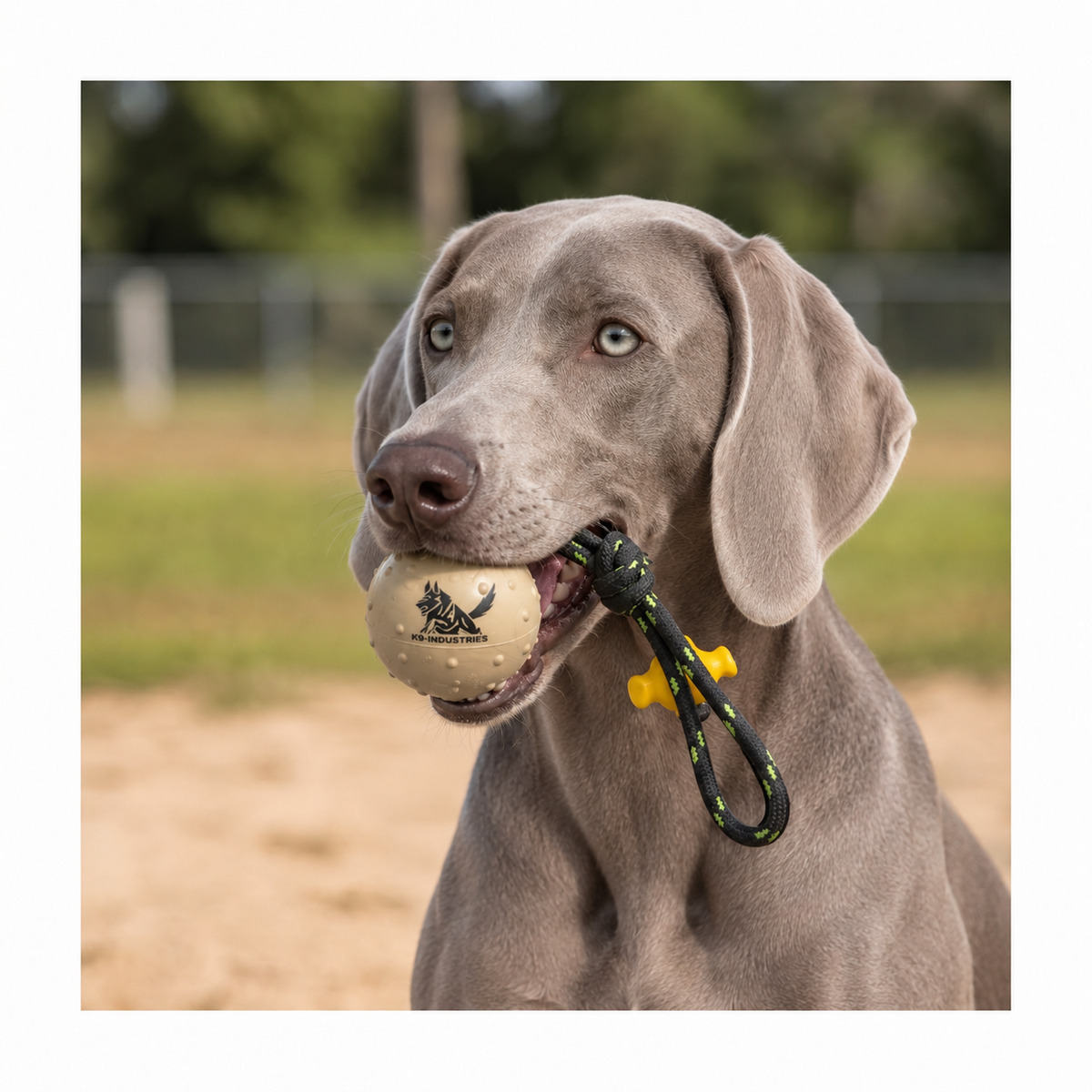 Weimaraner with a solid rubber ball on a rope