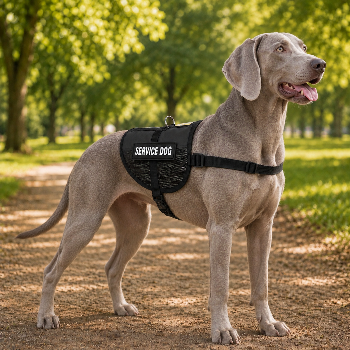 Weimaraner wearing a black service dog vest
