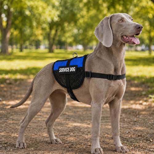 Weimaraner wearing a blue service dog vest