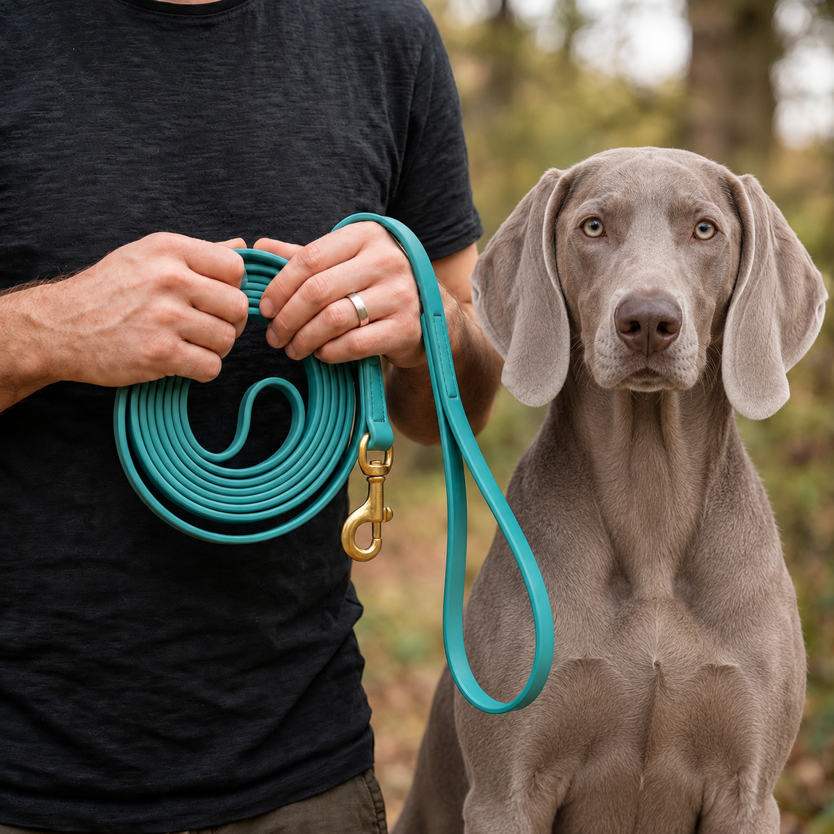 Weimaraner on a turquoise 180 cm PowerFlex leash