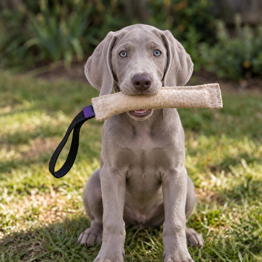 Weimaraner puppy with a jute bite tug