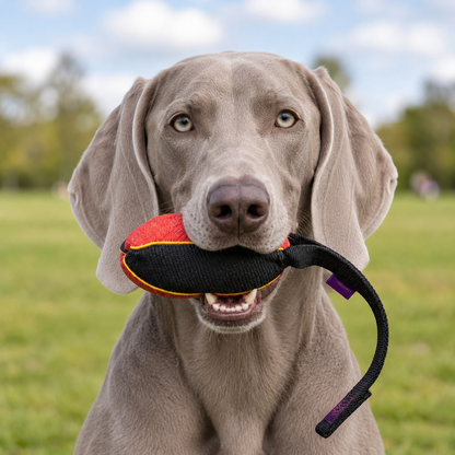 Weimaraner with a French linen watermelon bite tug