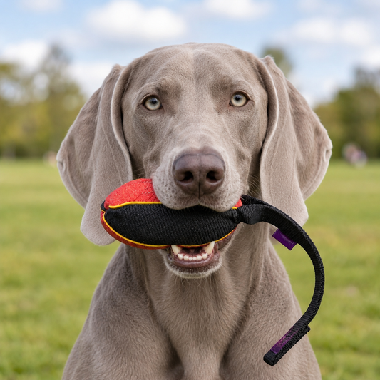 Weimaraner with a French linen watermelon bite tug