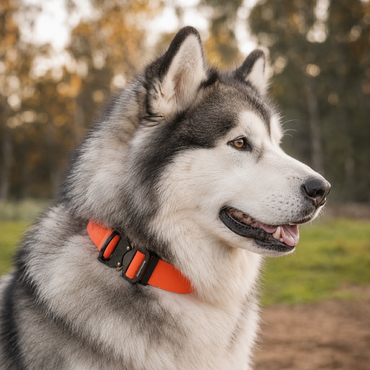Alaskan Malamute wearing an orange wide PowerFlex collar with quick-release buckle