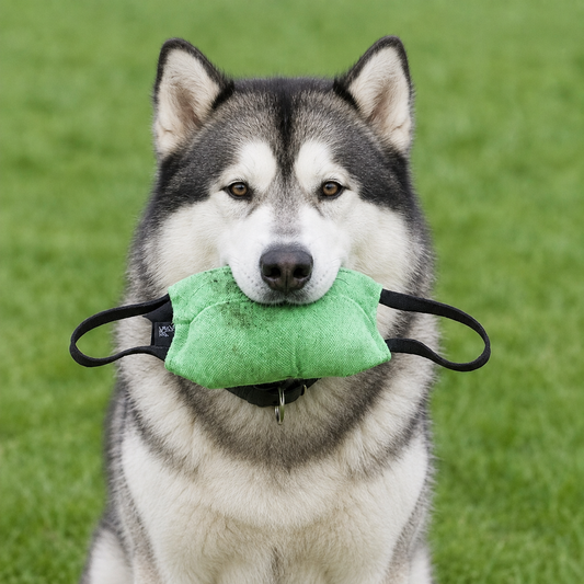 Alaskan Malamute with a professional bite pillow