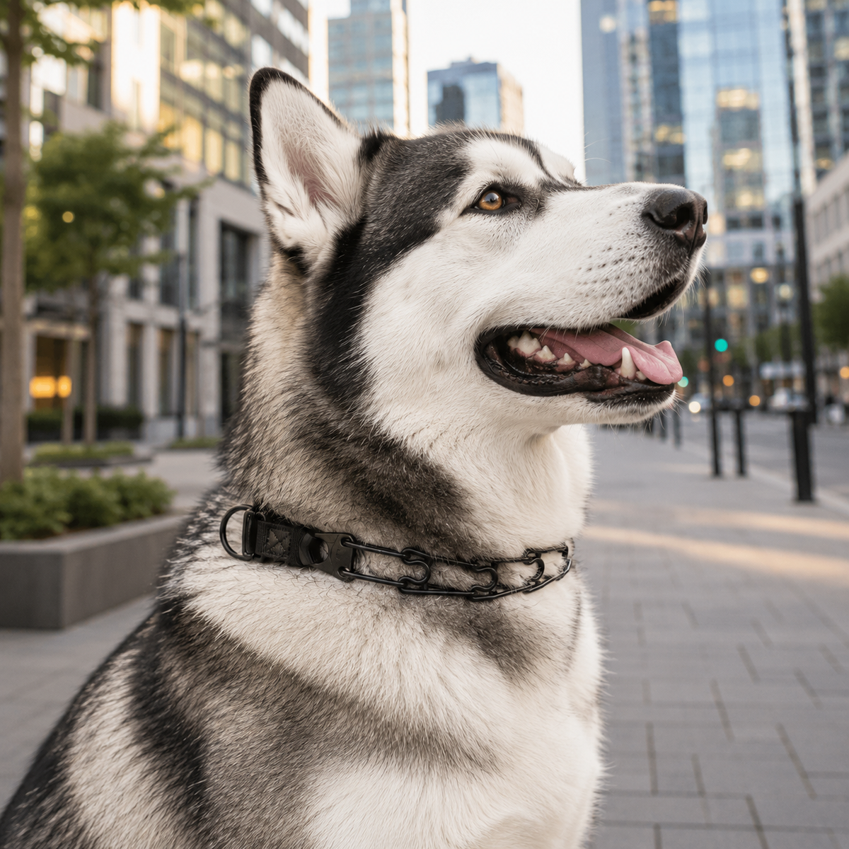 Alaskan Malamute wearing a Herm Sprenger black Click-Lock prong collar