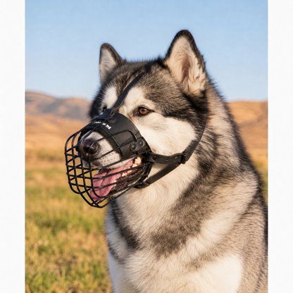 Alaskan Malamute wearing an advanced 3D metal wire muzzle