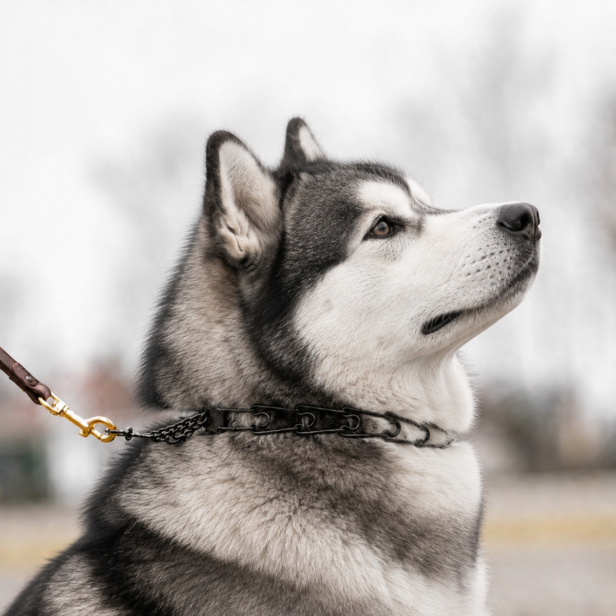 Alaskan Malamute wearing a blackened stainless steel Herm Sprenger prong collar