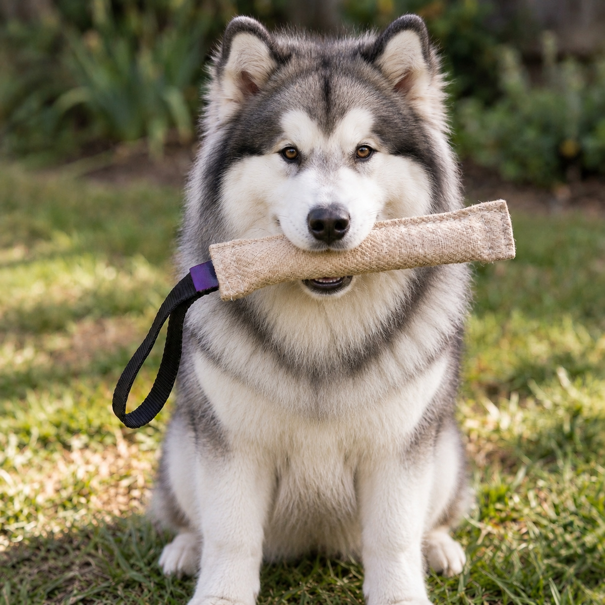 Alaskan Malamute puppy with a jute bite tug