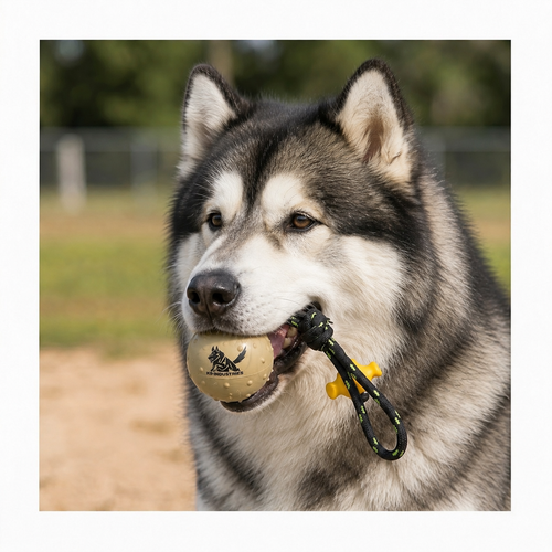 Alaskan Malamute with a solid rubber ball on a rope
