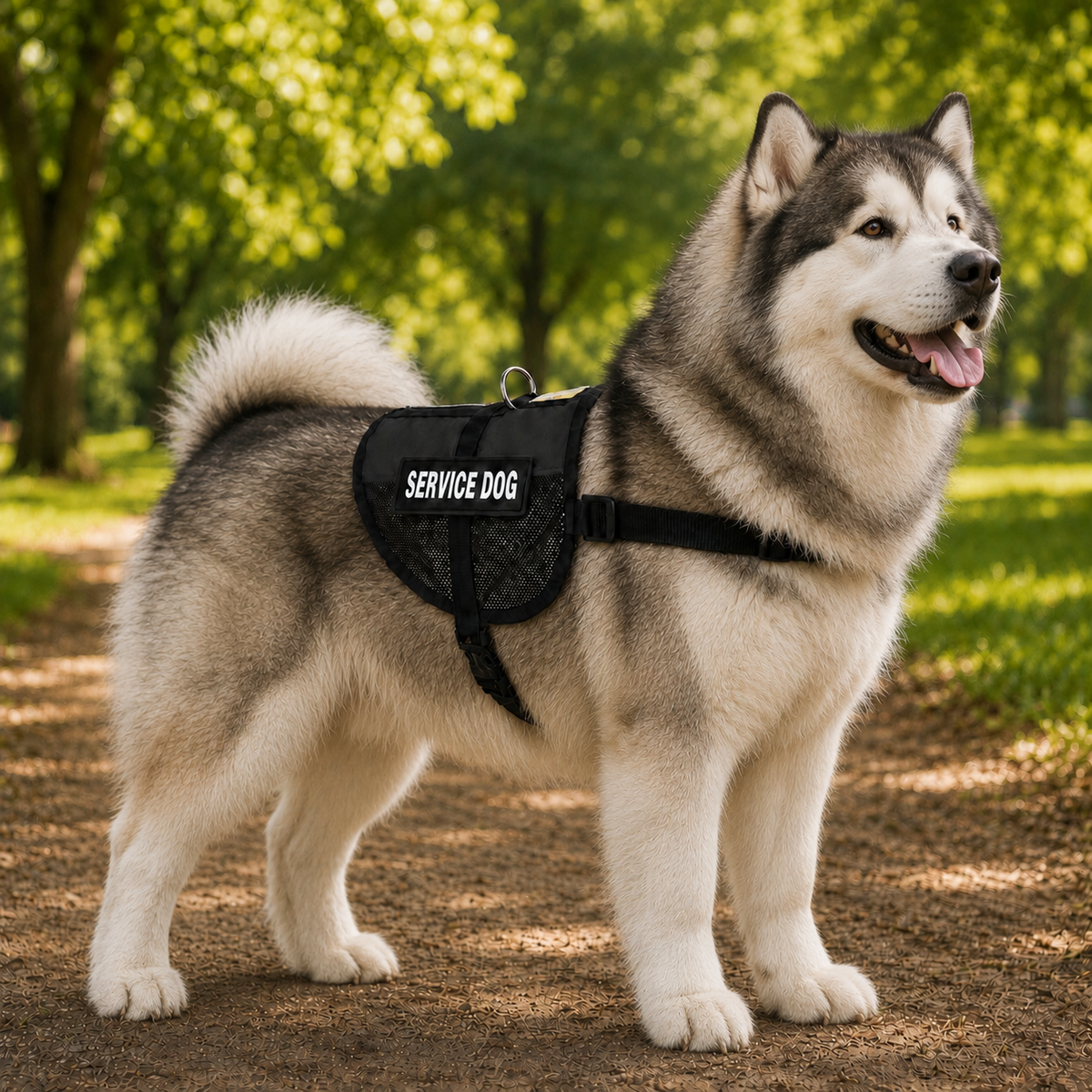 Alaskan Malamute wearing a black service dog vest
