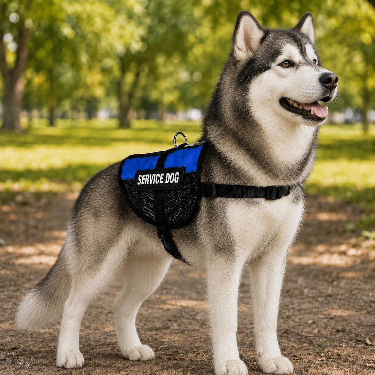 Alaskan Malamute wearing a blue service dog vest