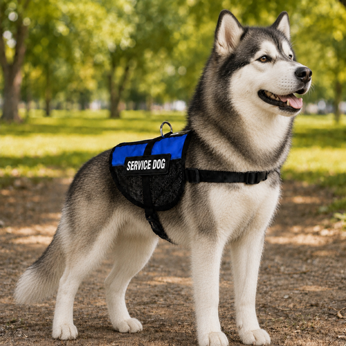 Alaskan Malamute wearing a blue service dog vest