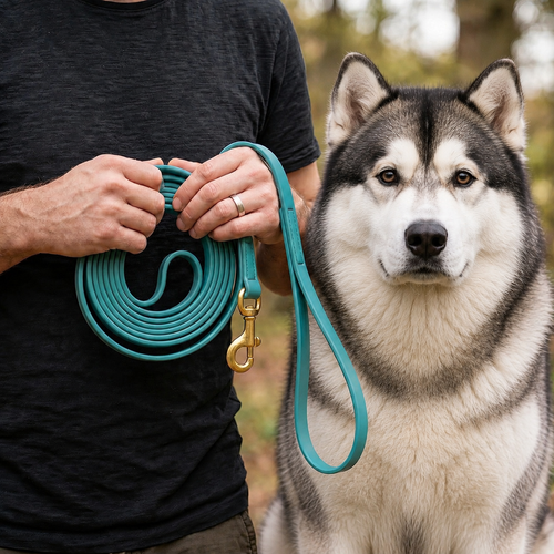 Alaskan Malamute on a turquoise 180 cm PowerFlex leash