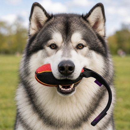 Alaskan Malamute with a French linen watermelon bite tug