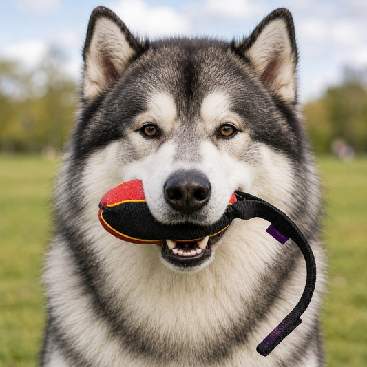 Alaskan Malamute with a French linen watermelon bite tug