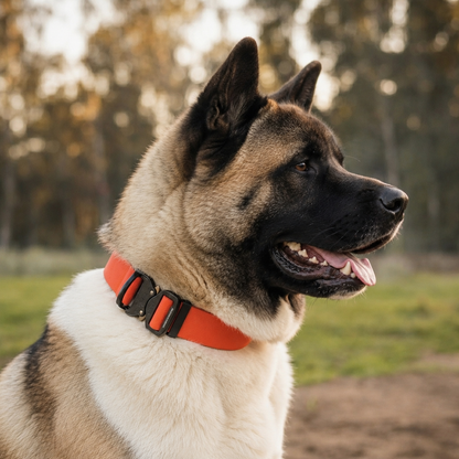 Akita wearing an orange wide PowerFlex collar with quick-release buckle