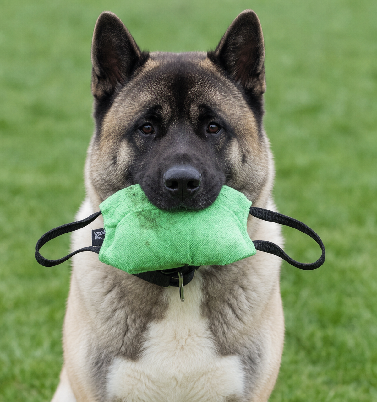 Akita with a professional bite pillow
