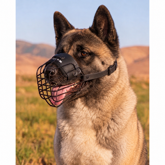 Akita wearing a lightweight Lite wire muzzle