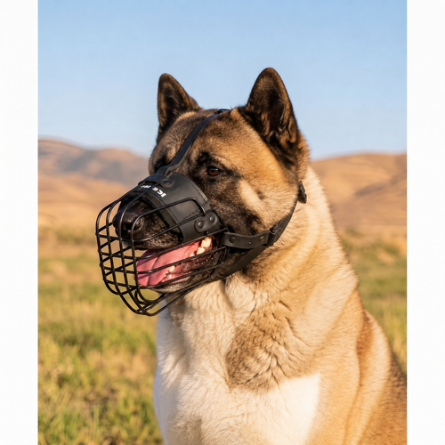 Akita wearing an advanced 3D metal wire muzzle