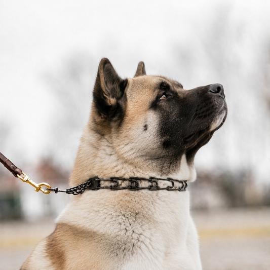 Akita wearing a blackened stainless steel Herm Sprenger prong collar